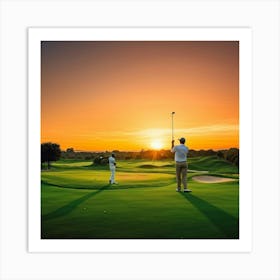 Golf Course At Sunset Golfer In Mid Swing With A Pristine White Driver Caddie Standing By With Clu (1) 2 Poster