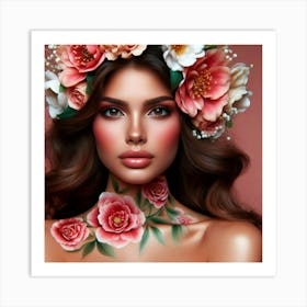 Beautiful Woman With Flowers On Her Head Art Print