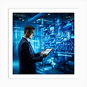 Abstract Cyber Industrial Icon Featuring A Futuristic Manager Interfacing With An Ai System Engagin (7) Art Print