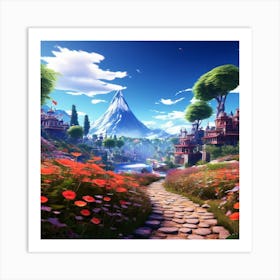 Fairytale Landscape, Tropical Landscape With Trees, blue sky, wall art, trees, flowers, and sun. good look, Art Print