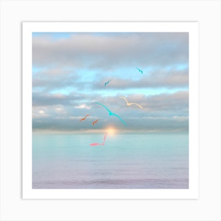Colorful Seagulls Flying Square Art Print
