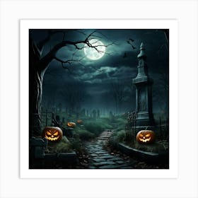 Art Landscape Pumpkin Holiday Design Halloween Fear Moon Skittish Green Grave Dark Scene (22) Art Print