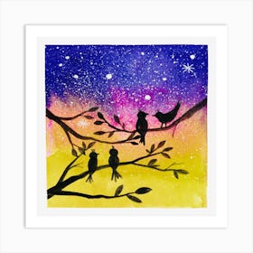 Watercolor Light Above The Little Bird In The Beautiful Night Art Print