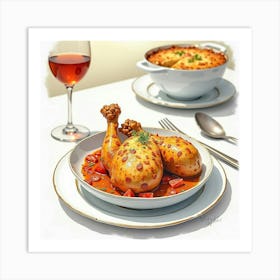 Watercolor Portrayal Of A Savory And Hearty Chicken Casserole On A Fine Dining Table Art Print