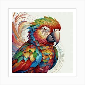 A colorful parrot in the style of intricate psychedelic swirl patterns, in the style of Magali Villeneuve, love and romance, in the style of Caravaggio, colorful Moebius, white background 1 Art Print