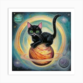 Whimsical Black Cat Perched On Vibrant Planet With Rings Art Print