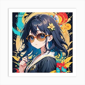 A girl having blue eyes and blue hair, wearing yellow sunglasses and a black kimono. Art Print