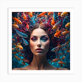 Beautiful Woman With Fishes Art Print