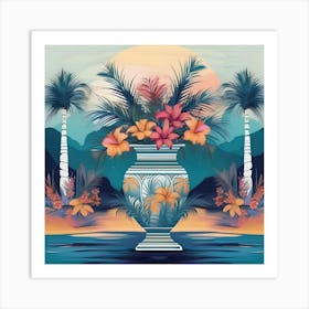 Flower Vase Decorated with Tropical Landscape and Palm Trees, Turquoise, Orange and White Art Print