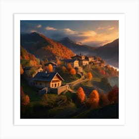 Autumn Village In The Mountains Art Print