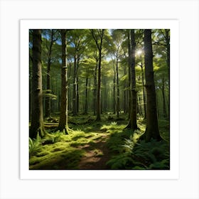 A Tranquil Forest With Towering Green Trees And A Carpet Of Moss Covered Ground, With Dappled Sunlight Creating A Serene And Magical Atmosphere Art Print