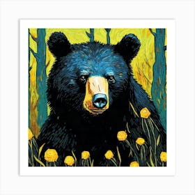 Black Bear In Yellow Flowers Art Print