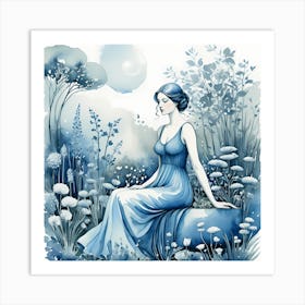 Blue Girl In The Woods Art Print