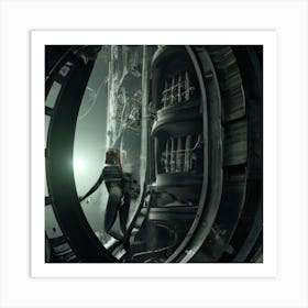 girl exploring the dark of a huge derelict spacecraft Digital Art Art Print