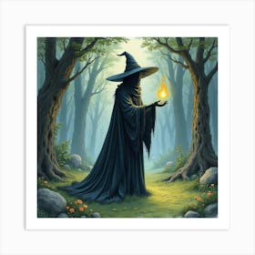 Black Magic Warlock In A Watercolor Mystic Grove 1 Art Print