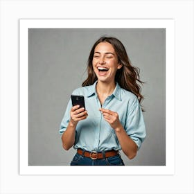 Flat Illustration Of A Woman Character With A Smart Phone In Hand Laughing Excitement Joy 95468733 Art Print