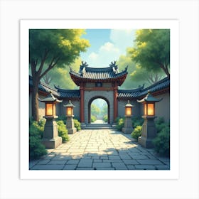 A Serene Temple Courtyard With Stone Lanterns, Softly Glowing In Watercolor Hues 1 Art Print