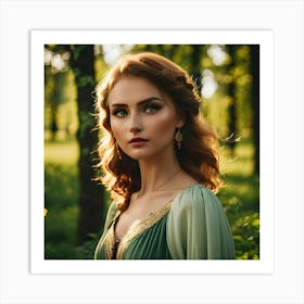 Beautiful Woman In Green Dress In The Forest Art Print