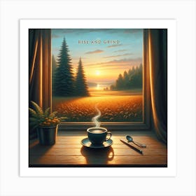 Rise And Grind Coffee Lover Wall Print Art A Peaceful And Inspiring Depiction Of The Perfect Coffee Moment, Ideal For Adding A Sense Of Tranquility And Motivation To Any Space Art Print