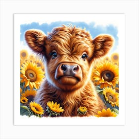 Baby Highland Cow sunflowers surrounding Art Print