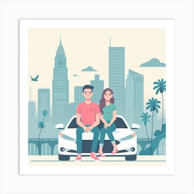 Couple Sitting On A Car Art Print