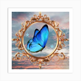 Mariposa Azul Marco Dorado Art Print