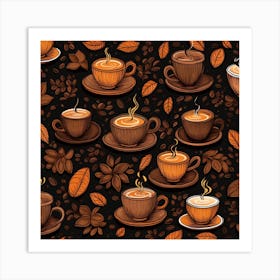 Seamless Pattern With Coffee Cups And Leaves 1 Art Print