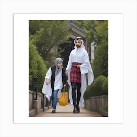 (5)The image depicts a man and a young girl walking together on a pathway, with a tall building in the background. The man is dressed in a white shirt and black pants, while the girl is wearing a red and black plaid skirt and a white shirt. They are both holding bags, with the man carrying a yellow handbag and the girl carrying a black handbag. Art Print