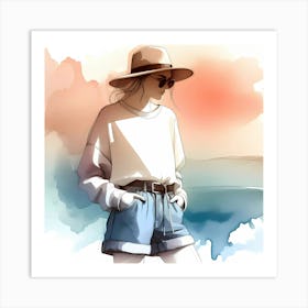 Girl In Shorts And Hat Art Print