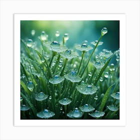 Water Droplets On Grass Art Print