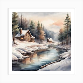 Winter Cabin By The River Art Print