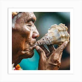 Hawaiian Man Blowing A Shell Art Print