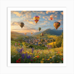 Hot Air Balloons Over A Village Art Print