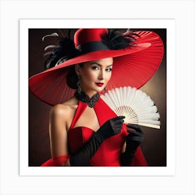 Asian Woman In Red Dress With Fan Art Print