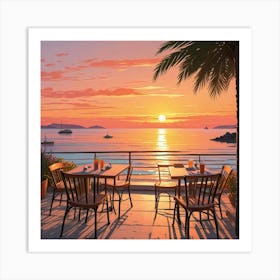 Sunset Outdoor Cafe Area At Beach Ocean Lake Art Print (2) Art Print