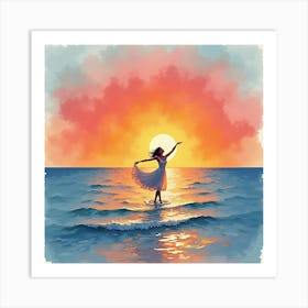 Dancer With Watercolor Sunrise Over Tranquil Sea 1 Art Print