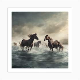 Horses In The Water 1 Art Print