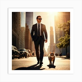 Businessman Wearing Sunglasses Accompanied By A Cat Playing At His Feet Downtown Skyscrapers Loomin (2) Art Print