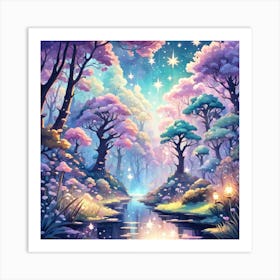 A Fantasy Forest With Twinkling Stars In Pastel Tone Square Composition 143 Art Print