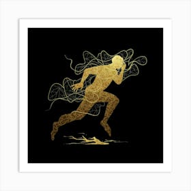Perseverance and Resilience: A Striking Silhouette Running Through the Storm - Minimalist Art with Gold Botanical Double Exposure on a Dark Background | Painting, Dark Fantasy, Ukiyo-e, Anime, and More. Art Print