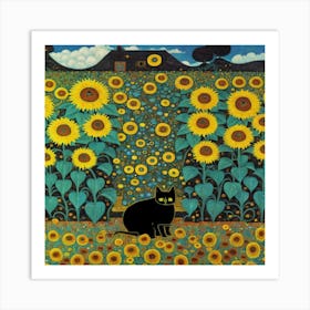 Gustav Klimt Inspired , Farm Garden With Sunflowers And A Black Cat 3 Art Print