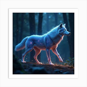 A Majestic Wolf With Fur Made Of Cosmic Nebulae Prowling Through A Starlit Forest Art Print