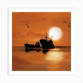 Silhouette Of Ships At Sunset Art Print