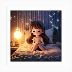 Firefly Chibi, Cute, Folded Hands, Eyes Closed, Smiling, Sitting, Bed, Edge, Stars, Moon, Decoration (11) Póster