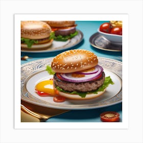 Hamburgers On Plates 1 Art Print