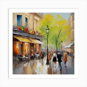 Paris Street Scene Paris city, pedestrians, cafes, oil paints, spring colors. 1 Art Print