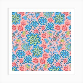 GARDEN WILD Boho Floral Cottage Botanical in Icy Blues Red Sunshine Yellow on Pink Art Print