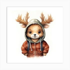 Watercolour Cartoon Reindeer In A Hoodie 2 Art Print