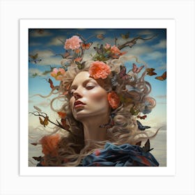 Woman With Butterflies In Her Hair Art Print