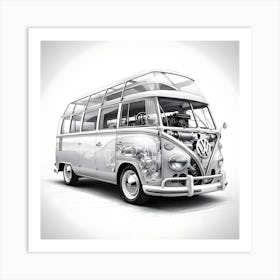 A Delicate, Transparent Pencil Sketch Of A Vintage Volkswagen Bus, Meticulously Showcasing Its Engine Parts (2) Art Print